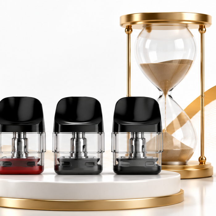 Refillable vape pod and coil with e-liquid, showing pod wear
