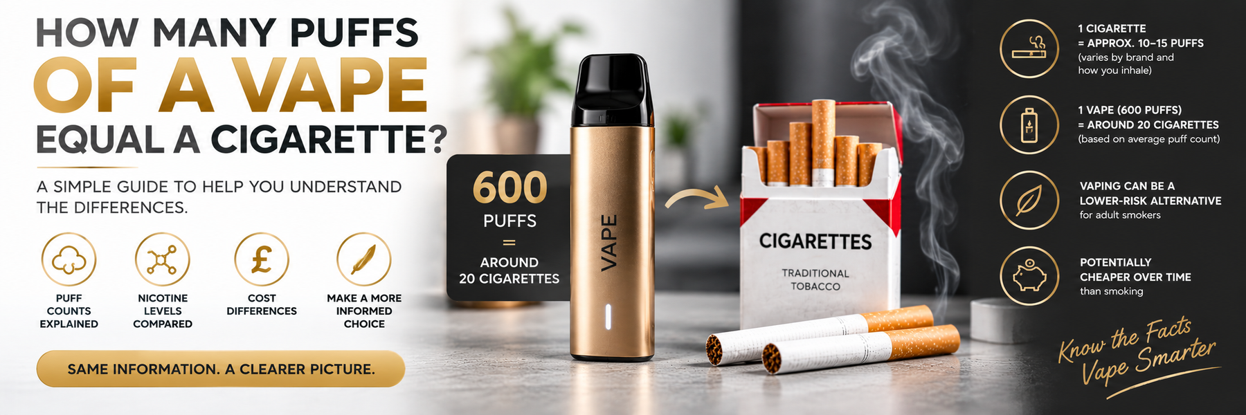 A vape device and cigarette illustrating puff-to-cigarette comparison