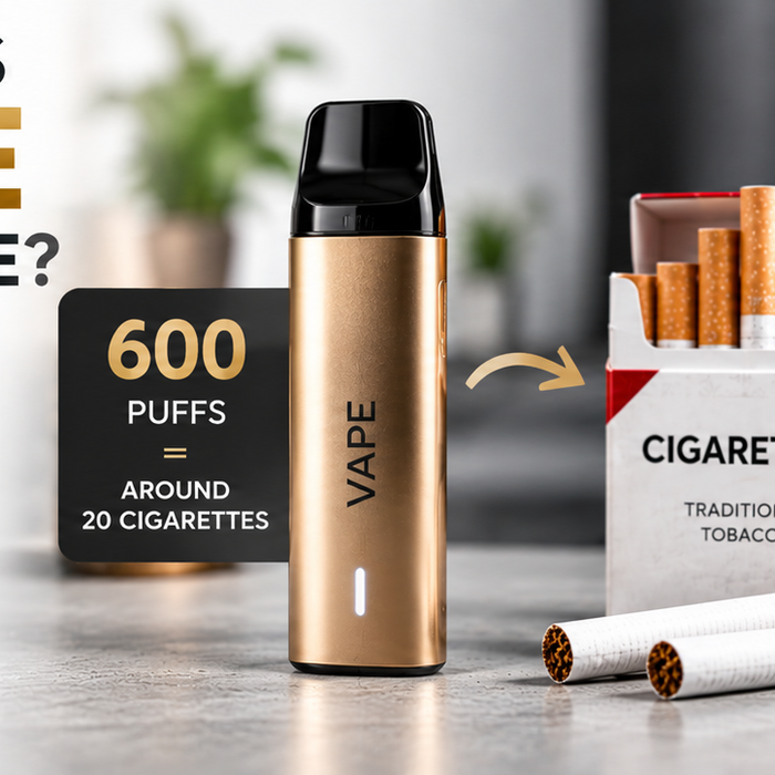 A vape device and cigarette illustrating puff-to-cigarette comparison