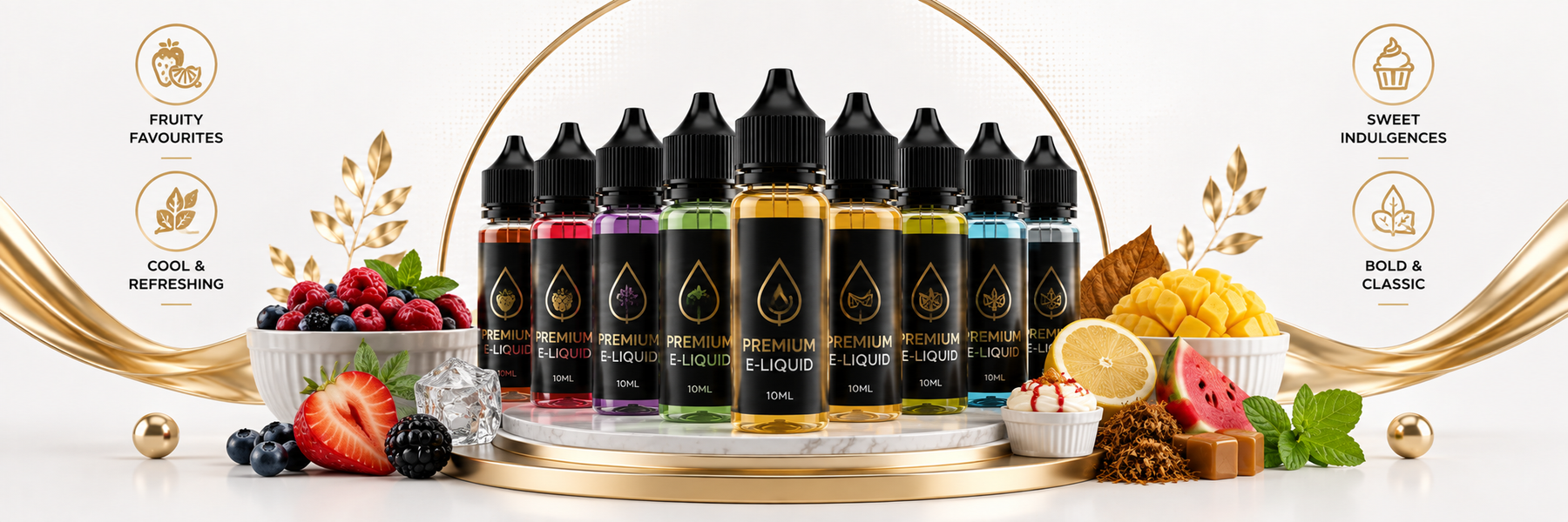 Small rotation of e-liquid bottles across fruit, menthol and dessert