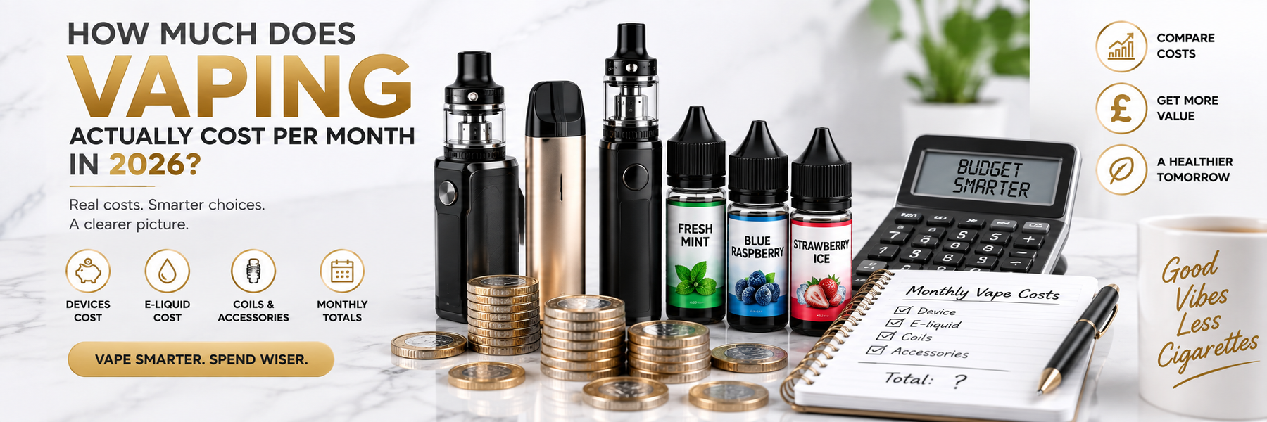 Vape kit, e-liquid bottles and replacement coils showing monthly vaping costs