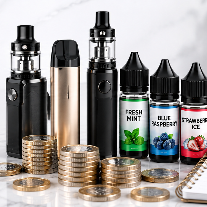 Vape kit, e-liquid bottles and replacement coils showing monthly vaping costs