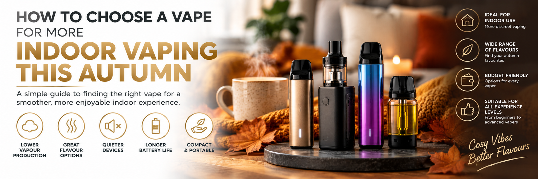 Compact low-odour pod kit on a side table in a cosy autumn living room