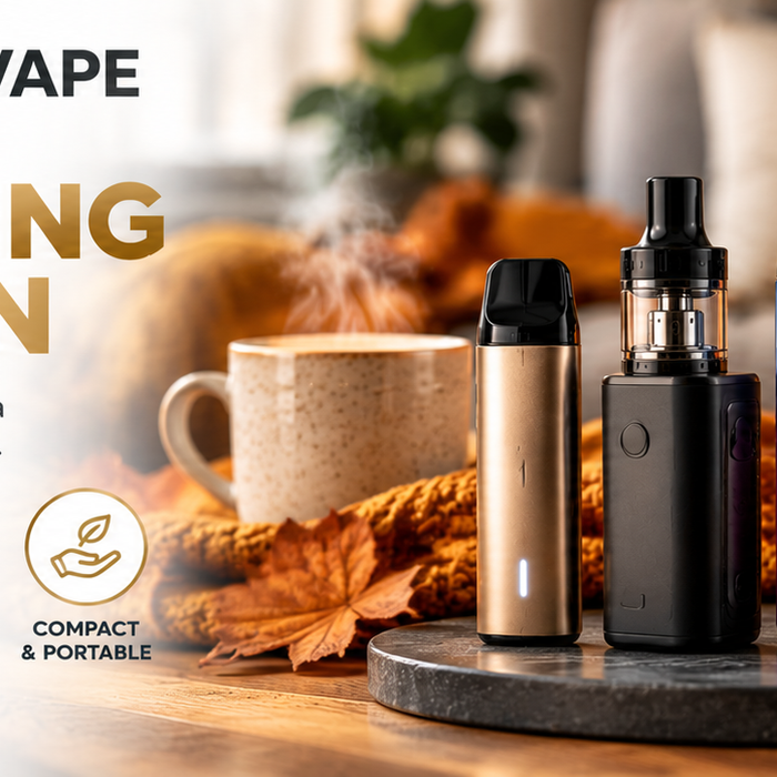 Compact low-odour pod kit on a side table in a cosy autumn living room