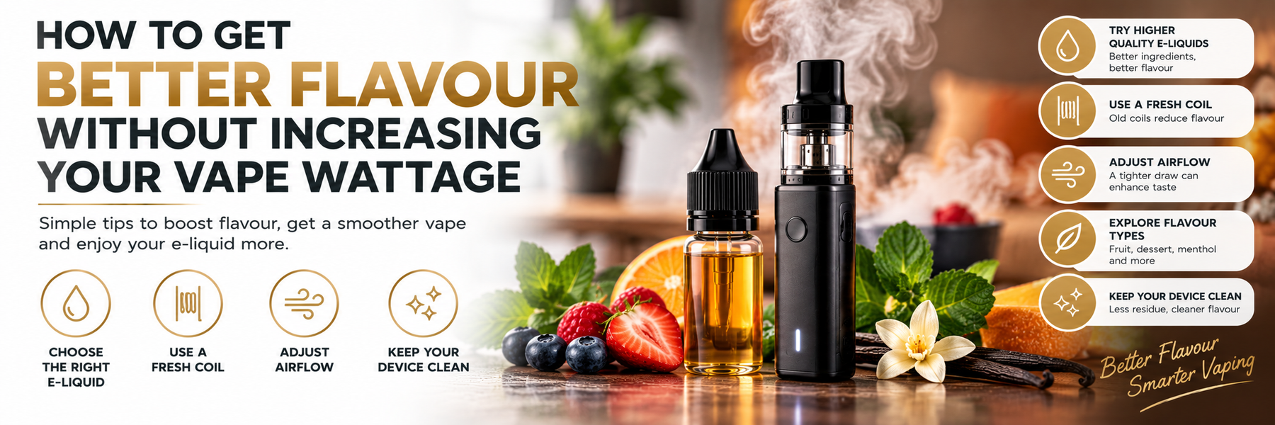 Vape pod, fresh coil and e-liquid showing how to improve flavour