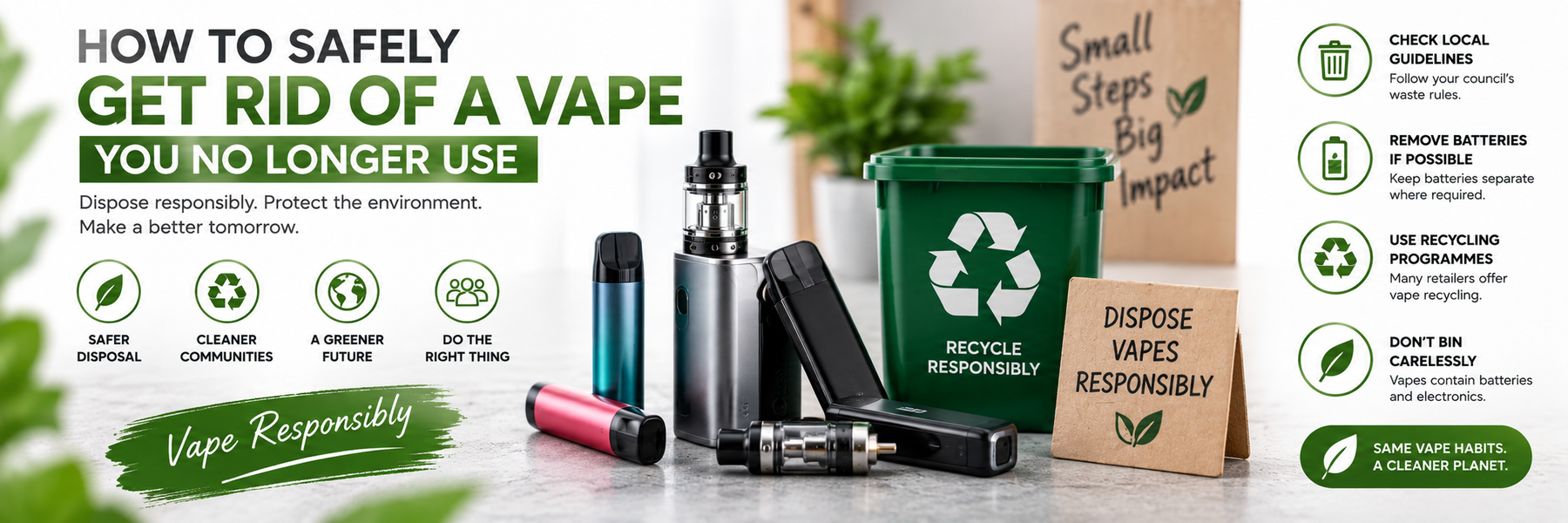 Old vape devices and batteries at a UK recycling point