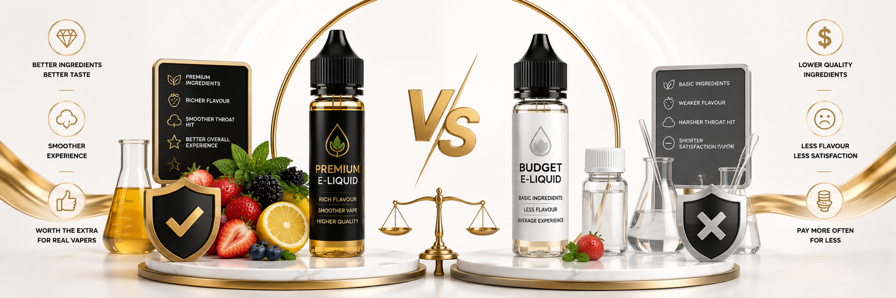 Premium and budget e-liquid bottles compared side by side