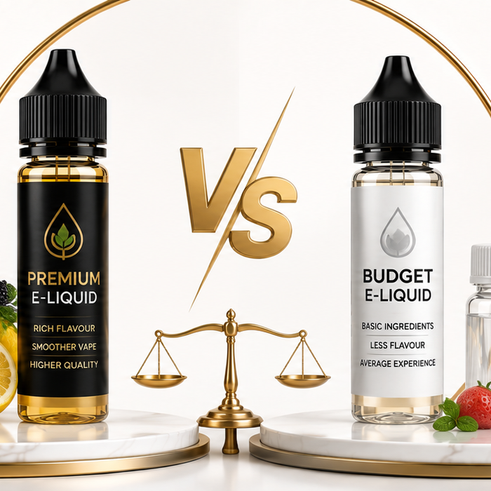 Premium and budget e-liquid bottles compared side by side
