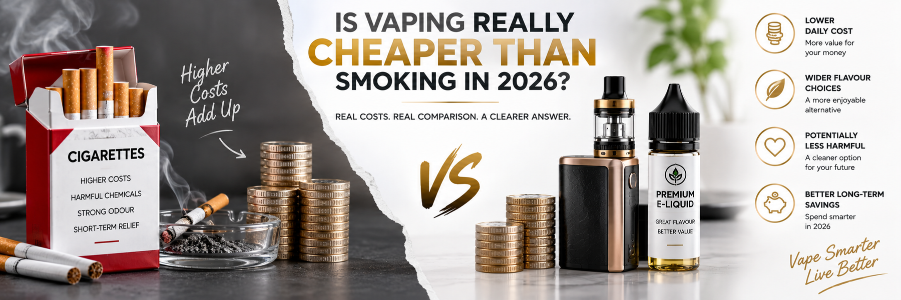 Cigarettes beside a refillable vape kit comparing monthly cost in the UK