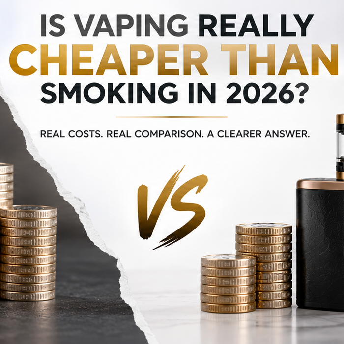 Cigarettes beside a refillable vape kit comparing monthly cost in the UK