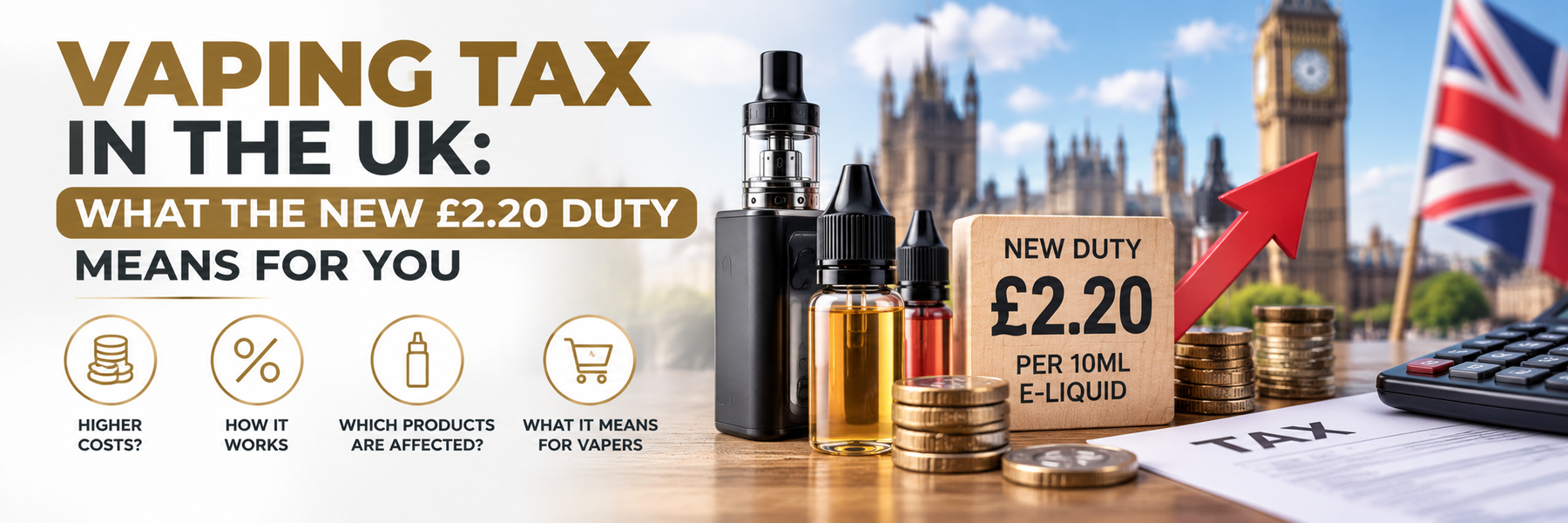 E-liquid bottle with a UK vaping duty stamp on the packaging