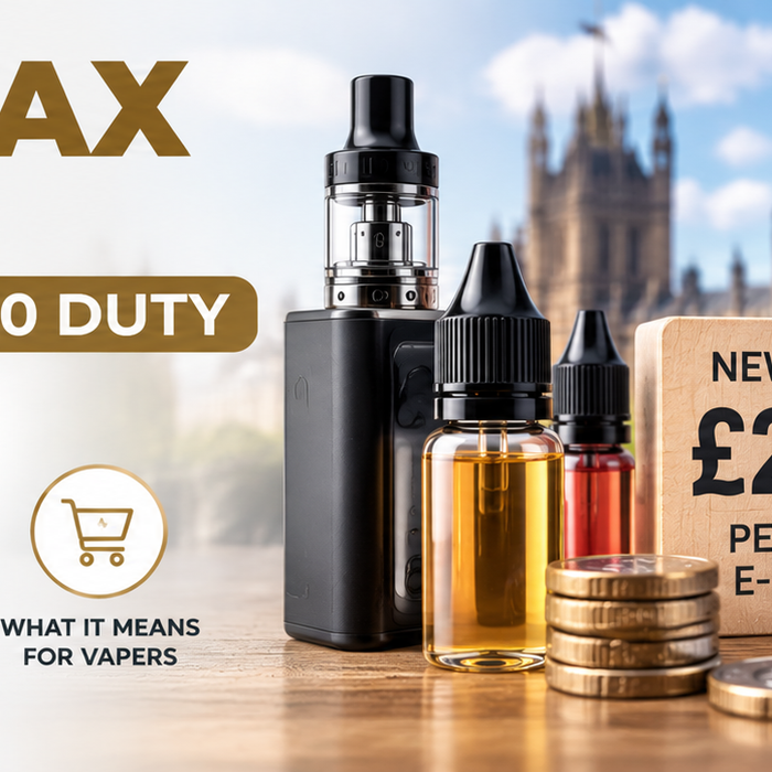 E-liquid bottle with a UK vaping duty stamp on the packaging