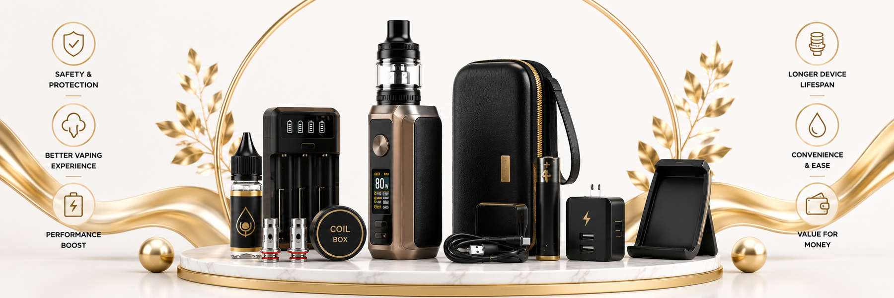 Essential vape accessories including spare coils, charger, case and cleaning cloth