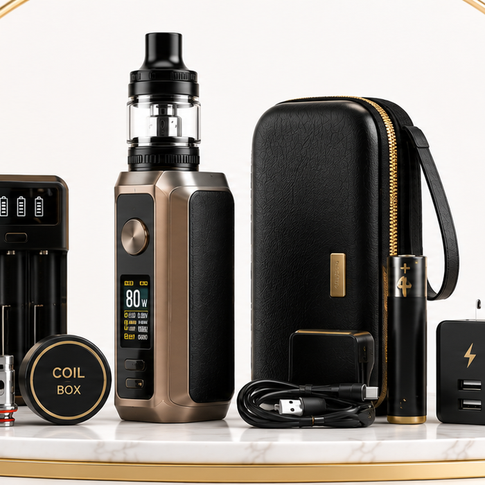Essential vape accessories including spare coils, charger, case and cleaning cloth