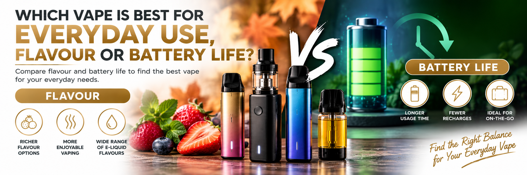 Everyday pod vape kit with charger showing all-day battery use