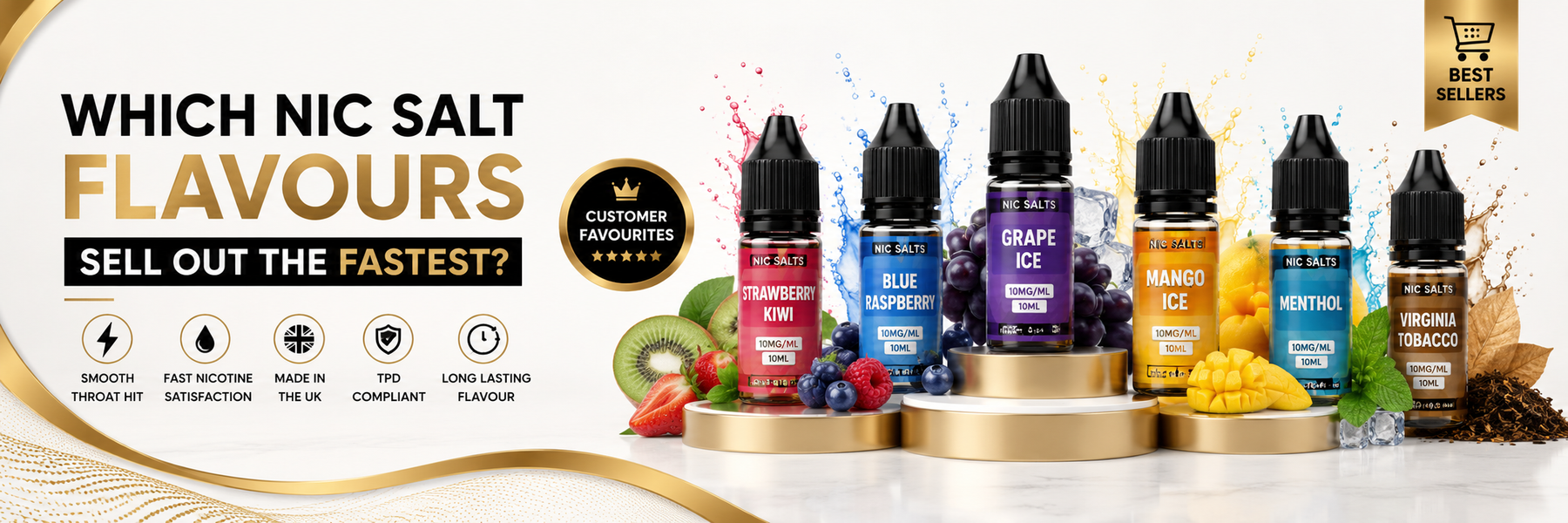 Range of popular nic salt e-liquid bottles from top UK brands