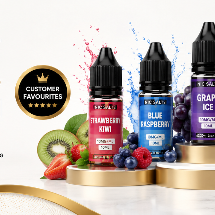 Range of popular nic salt e-liquid bottles from top UK brands