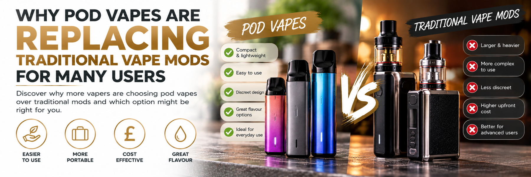 Compact pod vape beside a larger traditional vape mod