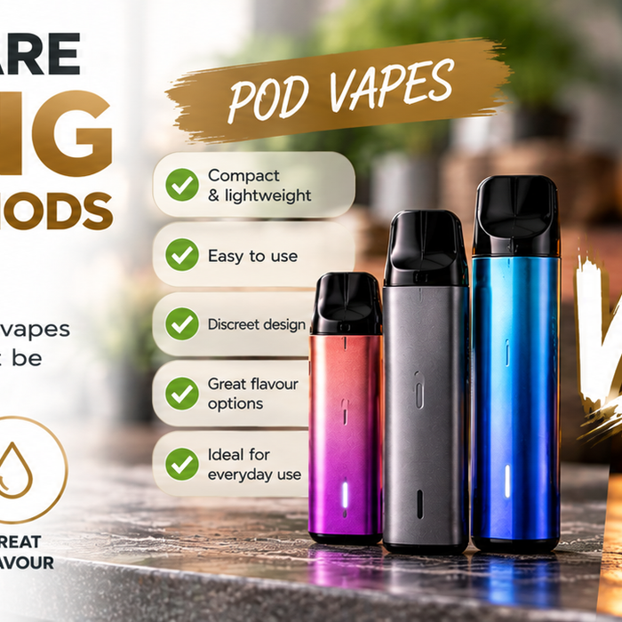Compact pod vape beside a larger traditional vape mod