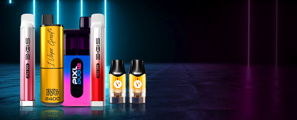 Assorted vape devices on a dark background with colorful lighting effects