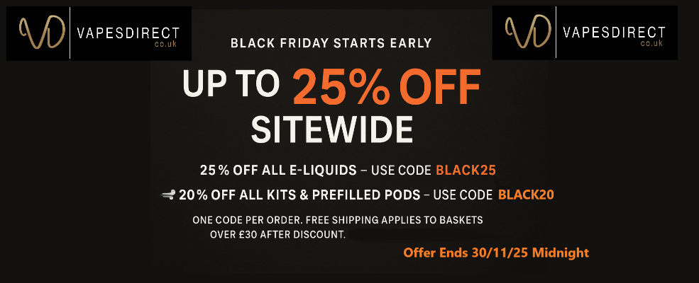 Vapes Direct Black Friday sale advertisement with promotional codes on a black background