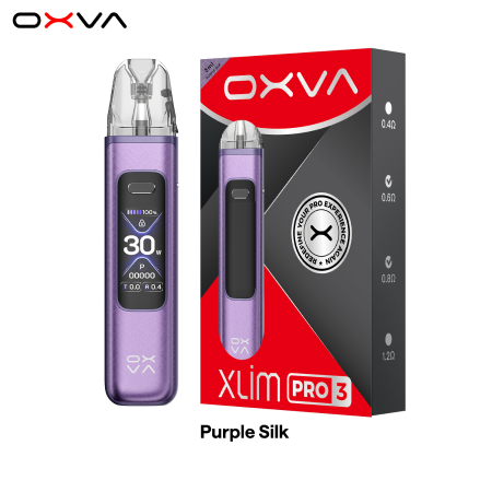 OXVA Xlim Pro 3 vaping device and packaging in Purple Silk color on a white background