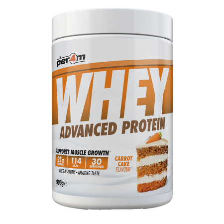 Whey protein powder container with carrot cake flavor on a white background
