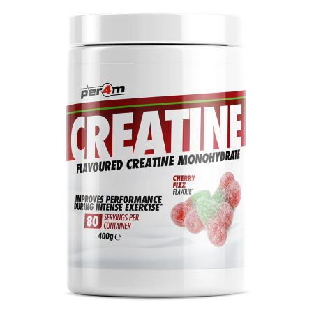 per4m creatine powder cherry fizz on white background