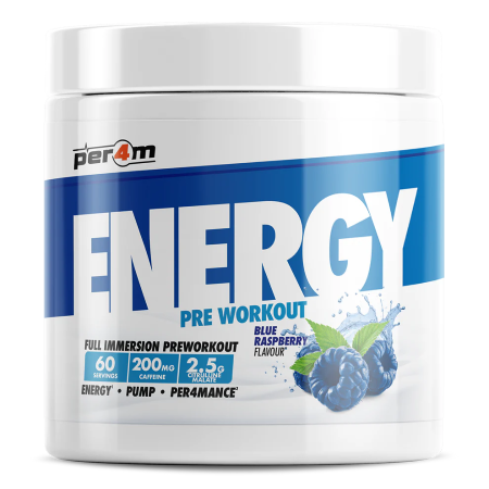 Pre-workout supplement container with blue raspberry flavor on a white background