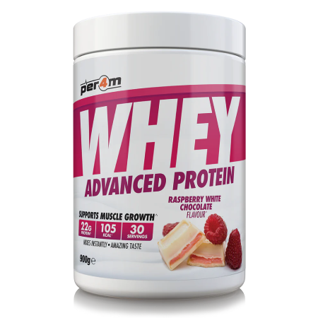 Whey protein powder container with raspberry white chocolate flavor on a white background