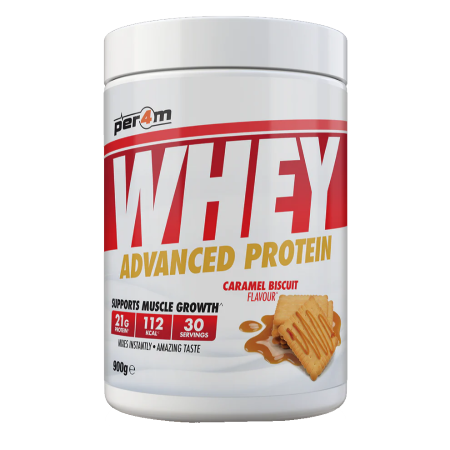 Whey protein powder container with caramel biscuit flavor on a white background