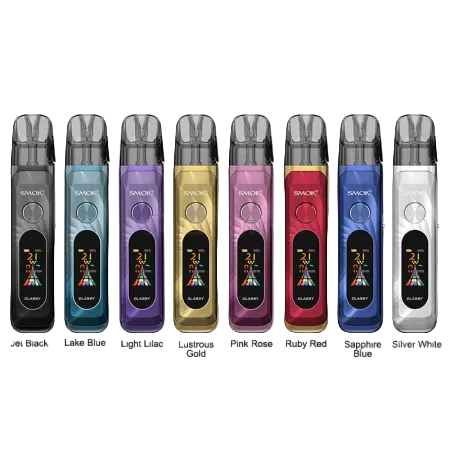 Assorted colors of a vaping device with visible brand name on a white background