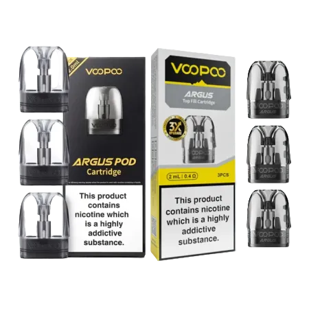 VOOPCO ARGUS vape pod cartridges and packaging on a white background