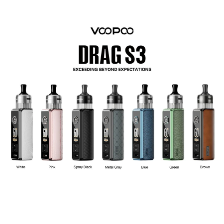 VooPoo Drag S3 vape device in various colors with brand name above on a white background