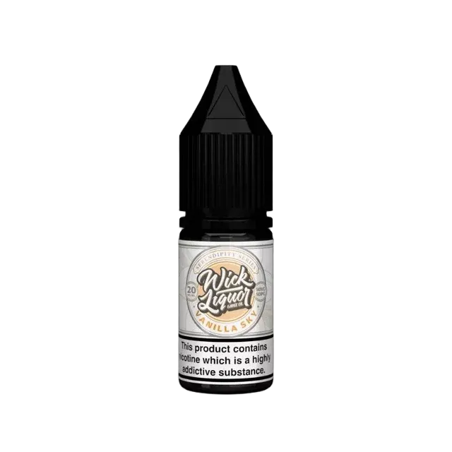 Vape juice bottle with 'Wick Liquor' label on a white background